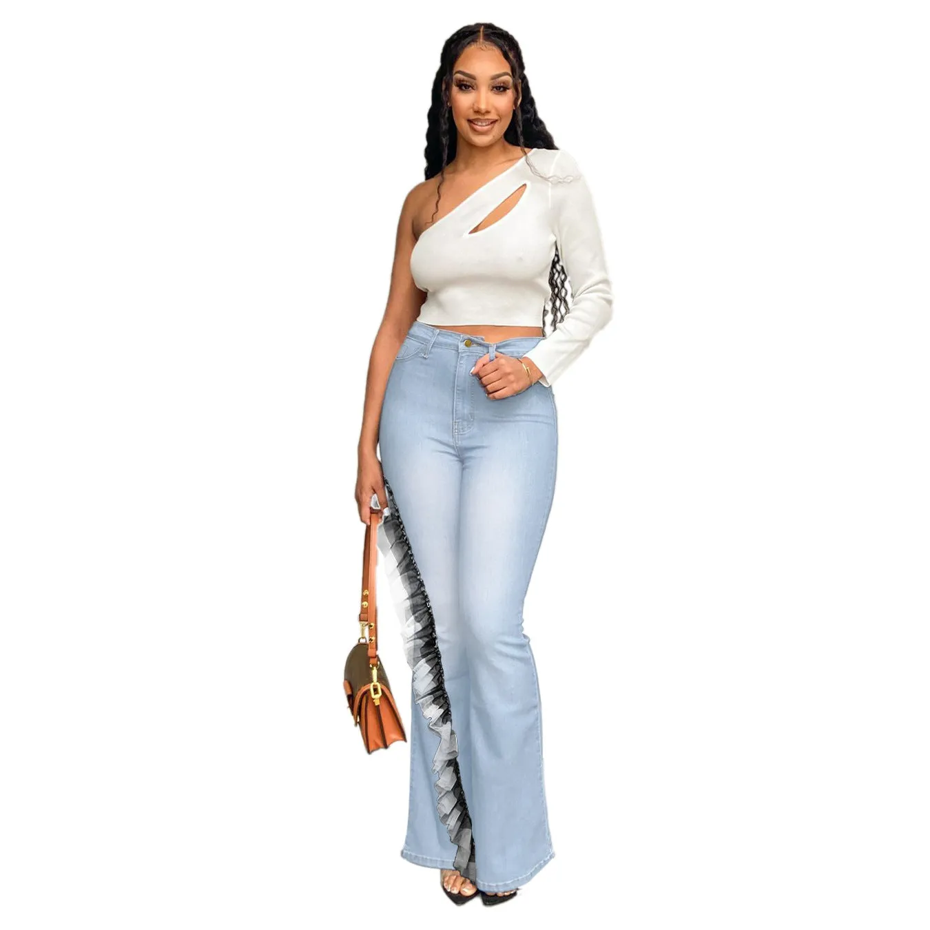 10806-MX57 solid color micro bell bottoms high waist jean women's plus size pants sehe fashion