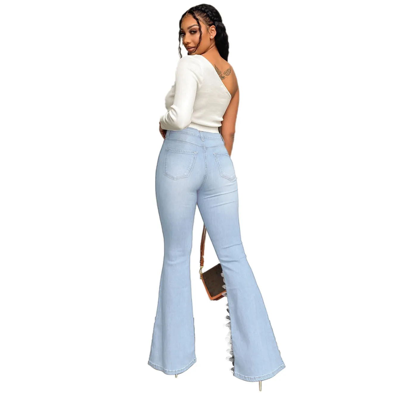 10806-MX57 solid color micro bell bottoms high waist jean women's plus size pants sehe fashion