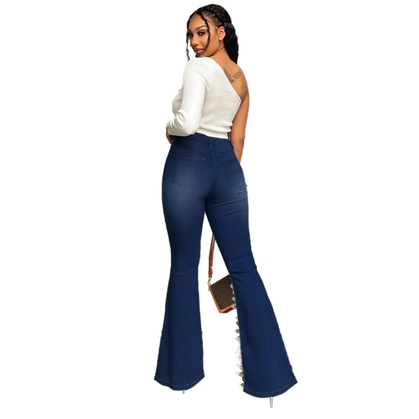 10806-MX57 solid color micro bell bottoms high waist jean women's plus size pants sehe fashion