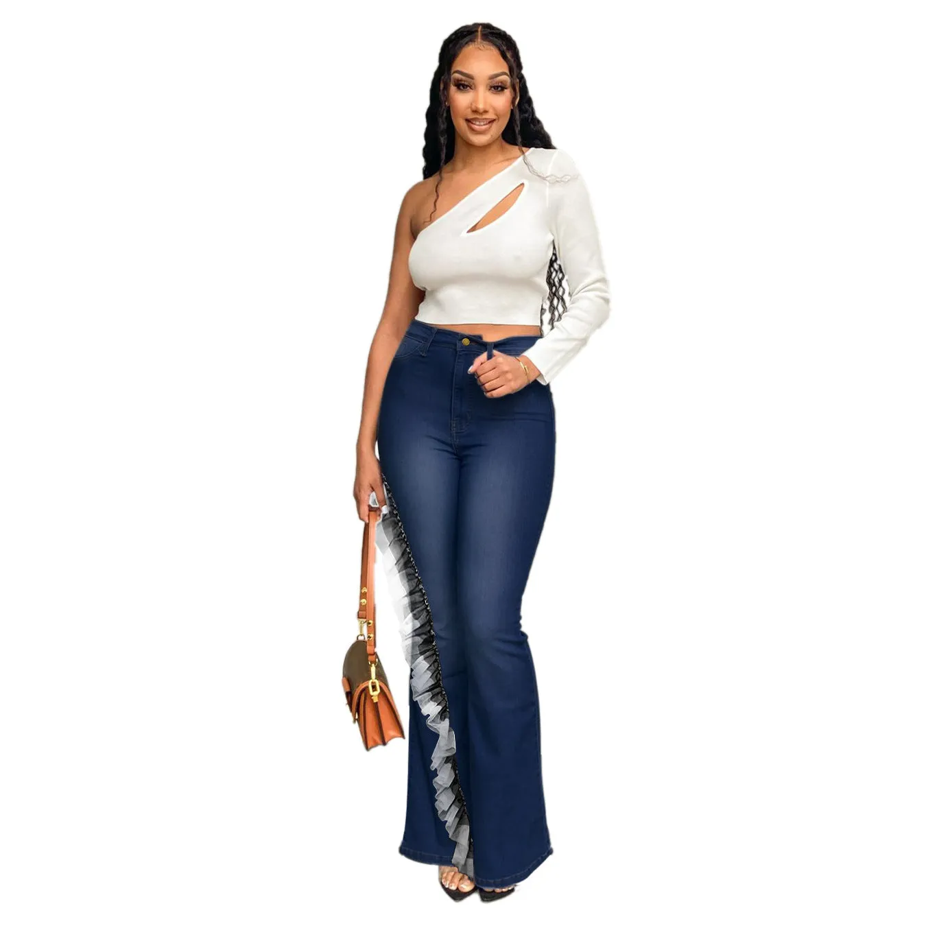 10806-MX57 solid color micro bell bottoms high waist jean women's plus size pants sehe fashion