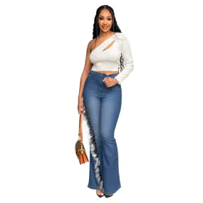 10806-MX57 solid color micro bell bottoms high waist jean women's plus size pants sehe fashion