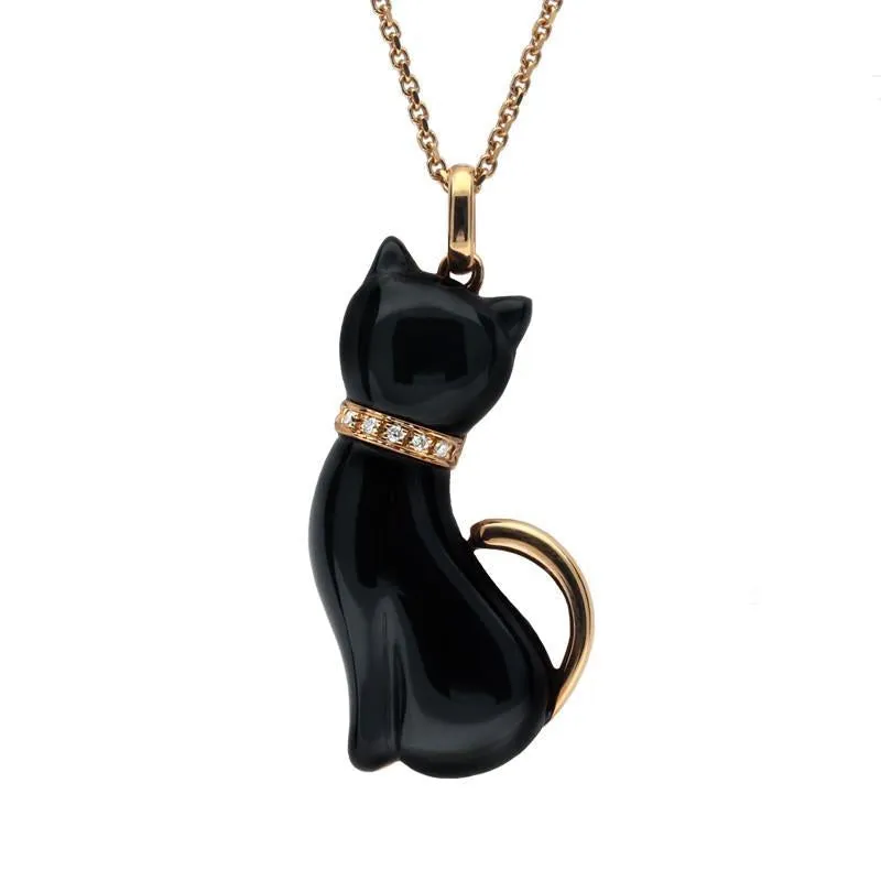 18ct Rose Gold Whitby Jet and Diamond Cat With Tail Large Necklace