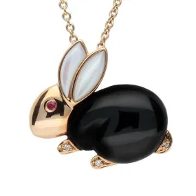 18ct Rose Gold Whitby Jet, Mother of Pearl, Ruby & Diamond Rabbit Necklace