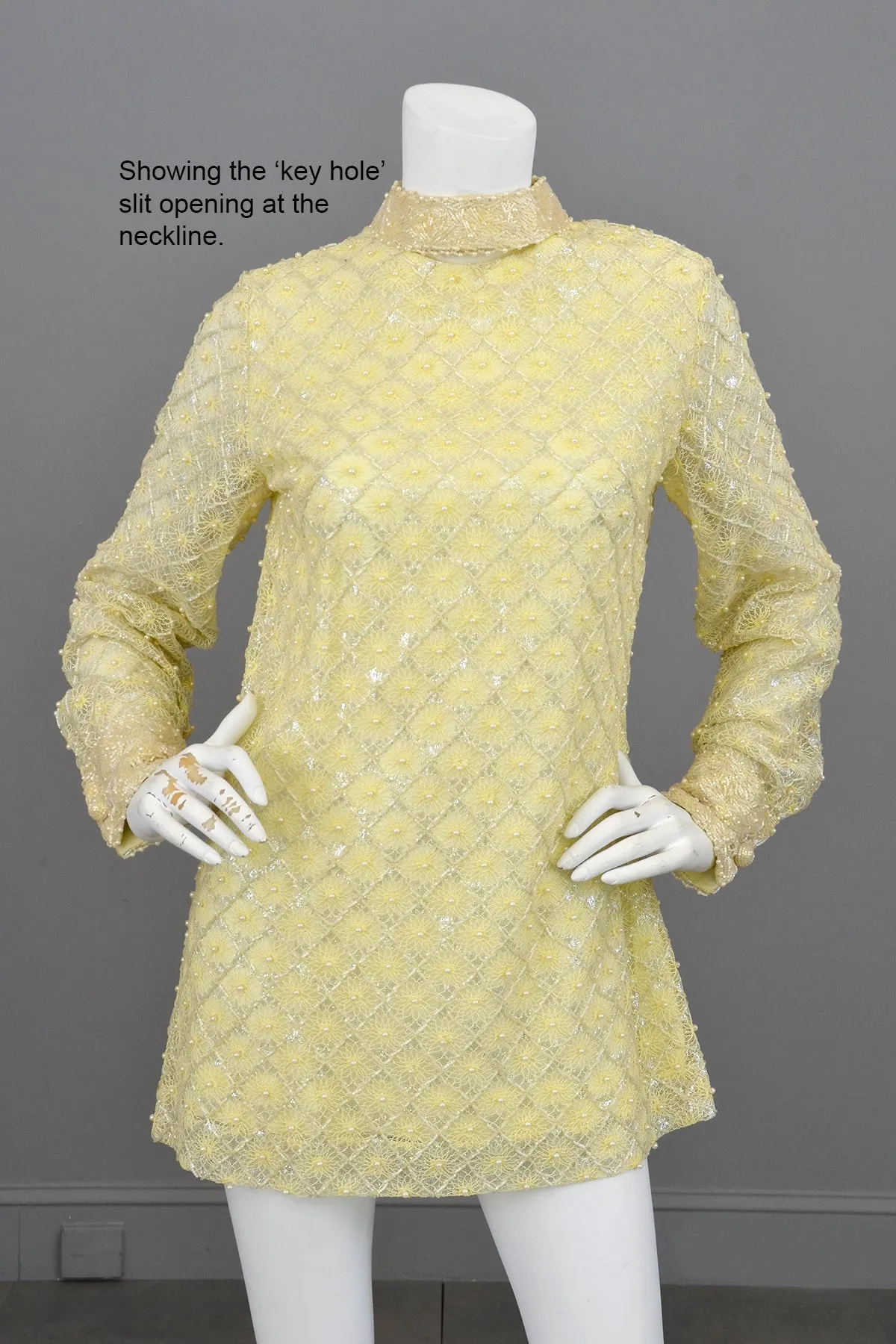 1960s Pale Yellow Beaded Micro Mini Go Go Dress Tunic | Twiggy Dress