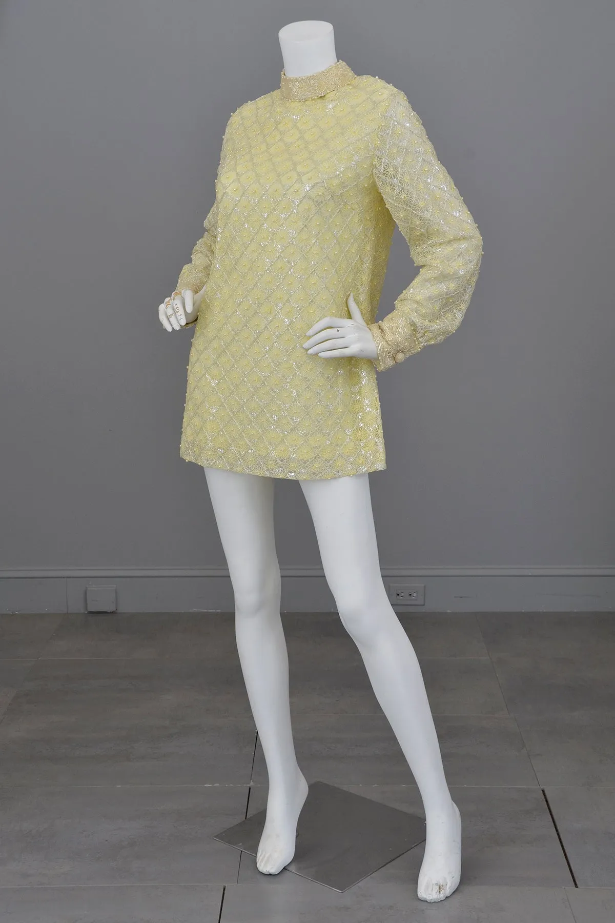 1960s Pale Yellow Beaded Micro Mini Go Go Dress Tunic | Twiggy Dress