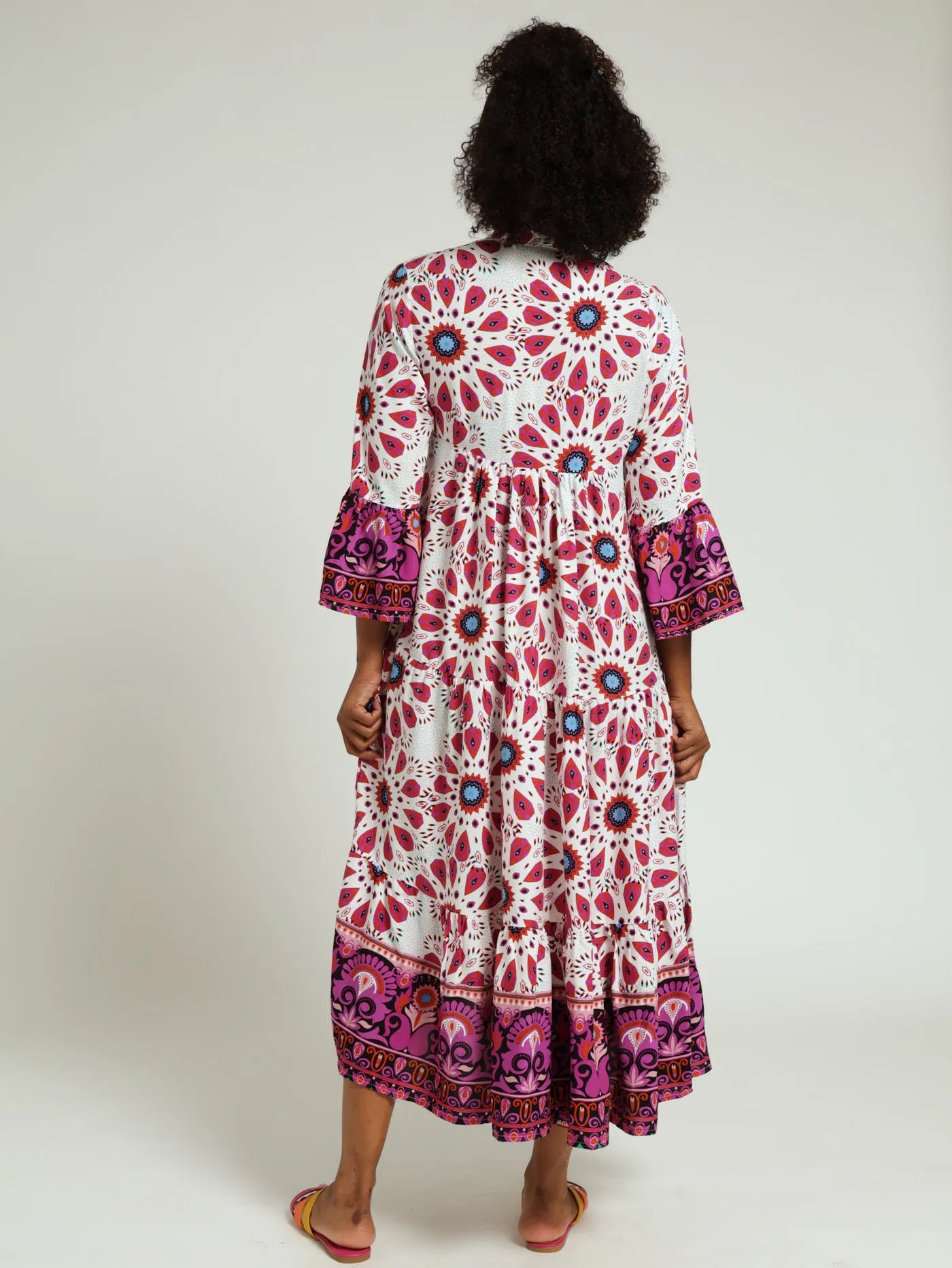 3/4 Sleeve Mosaic Floral Tent Maxi Dress With Border Print