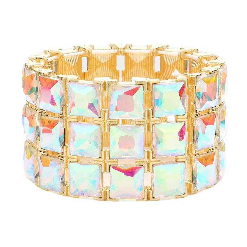 3Rows Square Stone Stretch Evening Bracelet