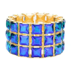 3Rows Square Stone Stretch Evening Bracelet