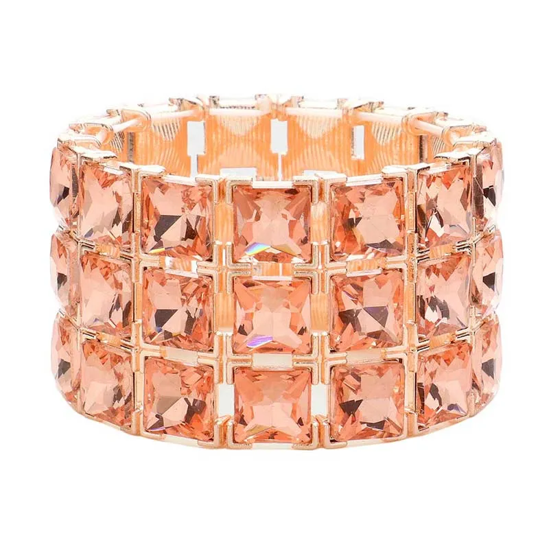 3Rows Square Stone Stretch Evening Bracelet