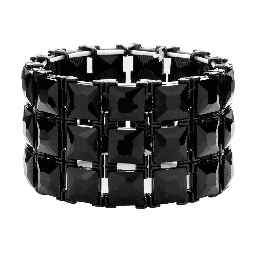 3Rows Square Stone Stretch Evening Bracelet