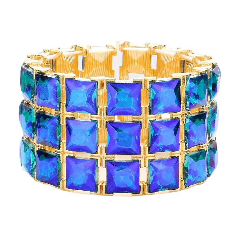 3Rows Square Stone Stretch Evening Bracelet