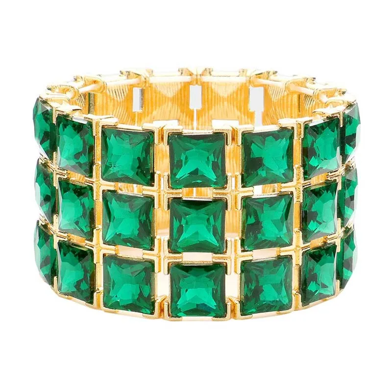 3Rows Square Stone Stretch Evening Bracelet