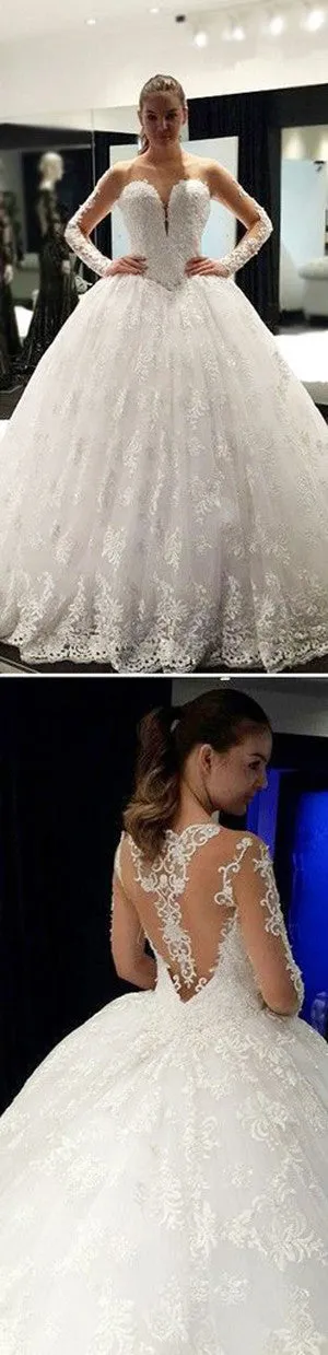 Affordable Fabulous Long Sleeve Scoop Neck Lace Ball Gowns,Long Wedding Dresses,SVD507