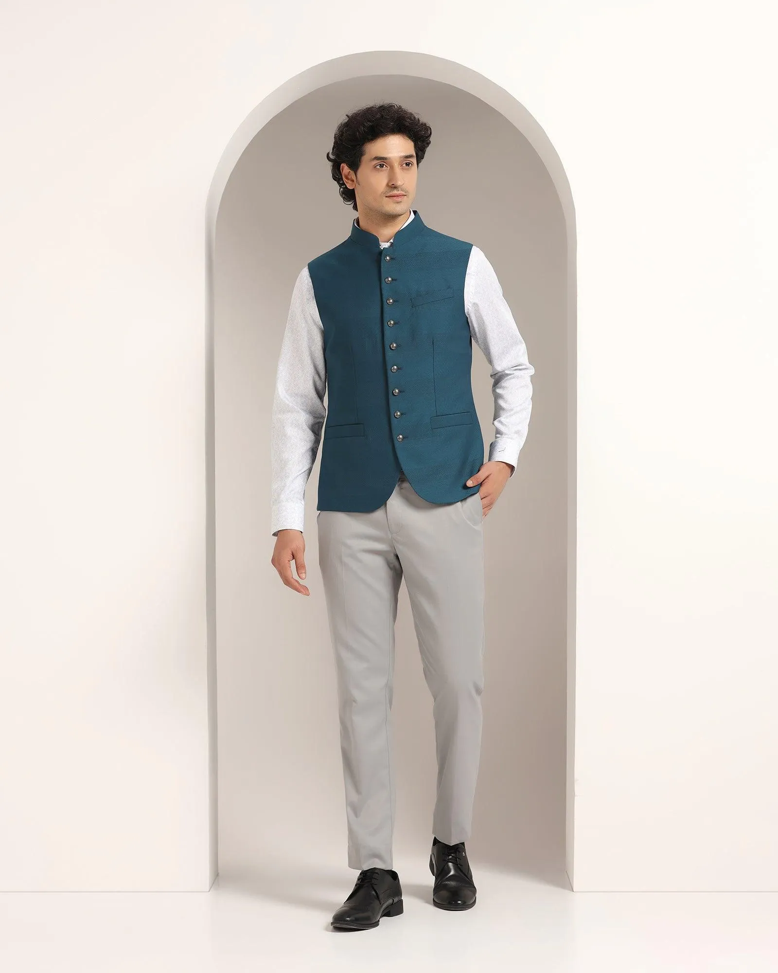 Bandhgala Formal Teal Striped Waistcoat - Korlan