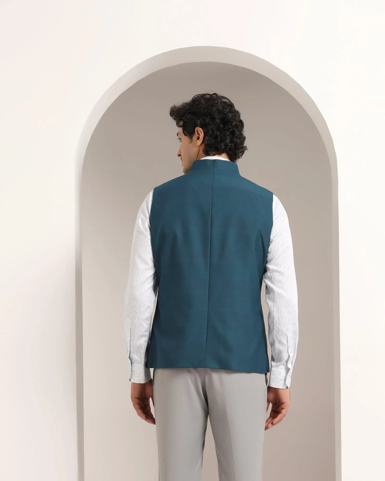 Bandhgala Formal Teal Striped Waistcoat - Korlan