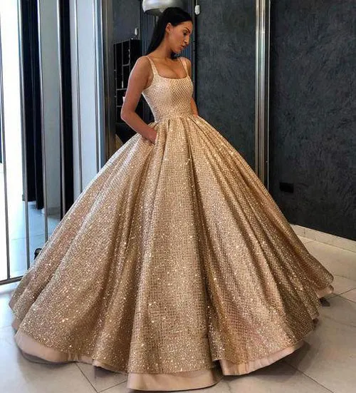 Beaded Gold Sequins Ball Gown Prom Dress with Pockets Quinceanera Dresses, SP440