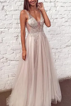 Beaded Tulle See Through V Neck Formal Dresses Long Prom Dresses, SP351