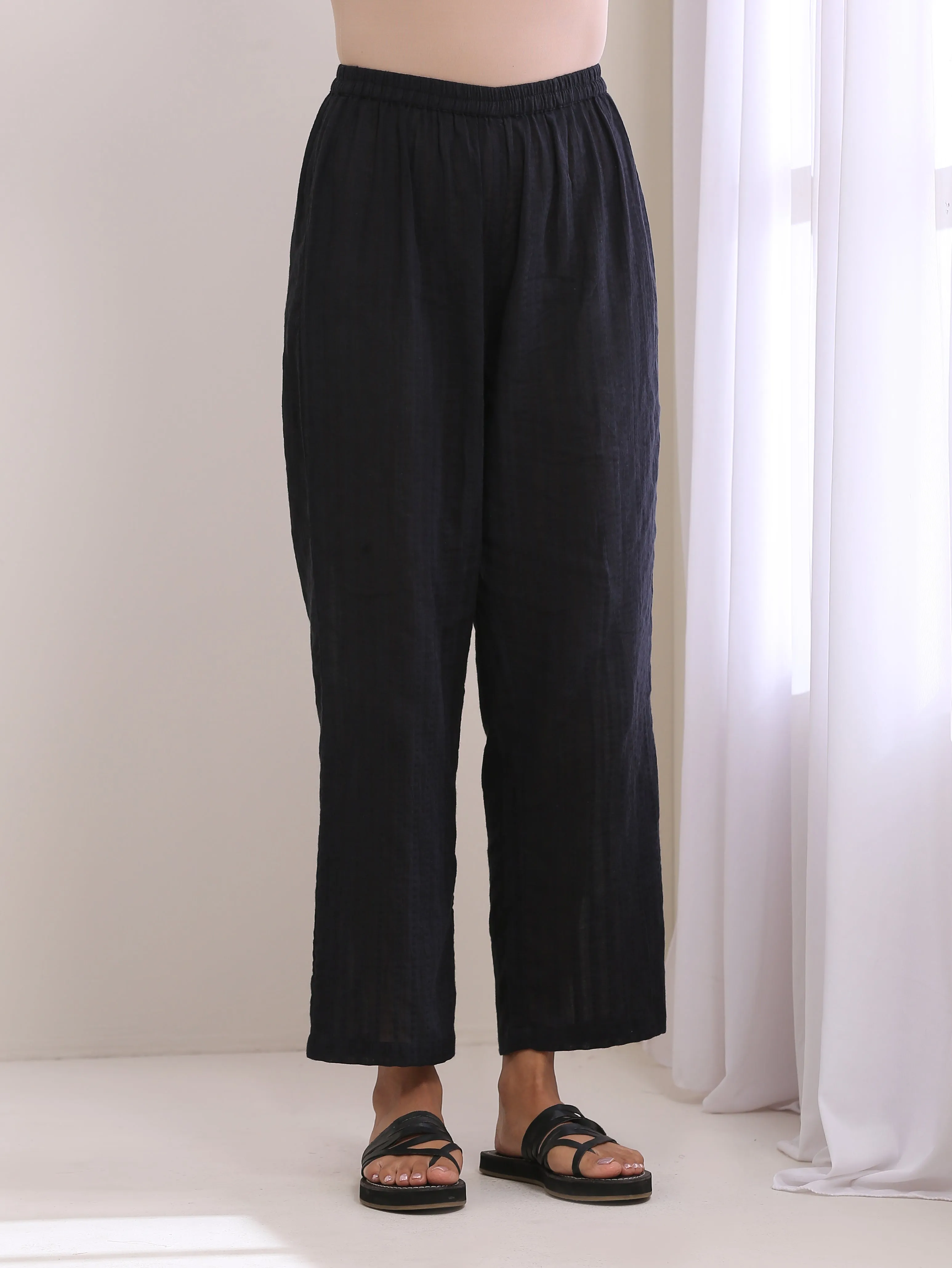 Black Dobby Neck Pleat Kurta Pant Set