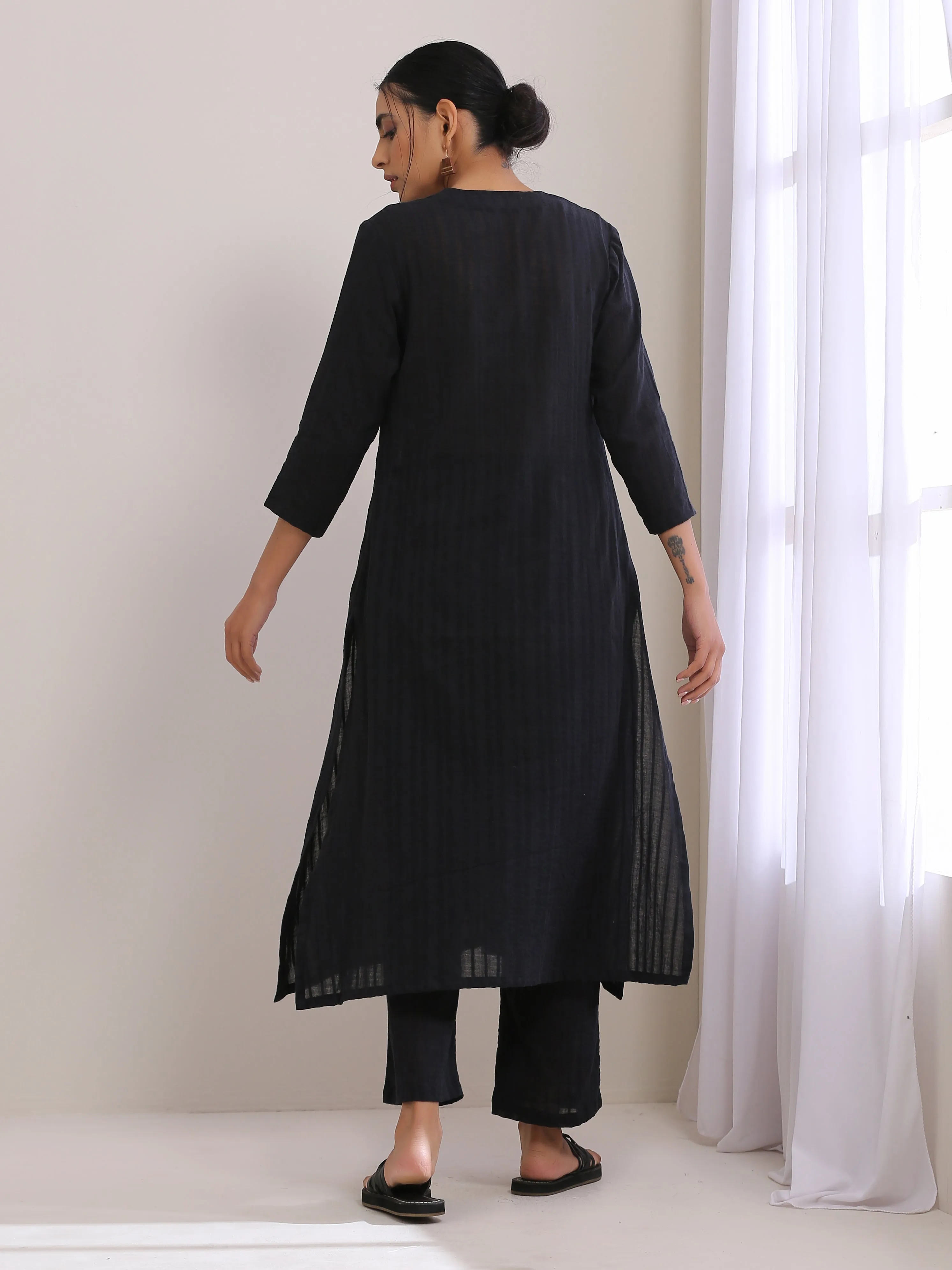 Black Dobby Neck Pleat Kurta Pant Set