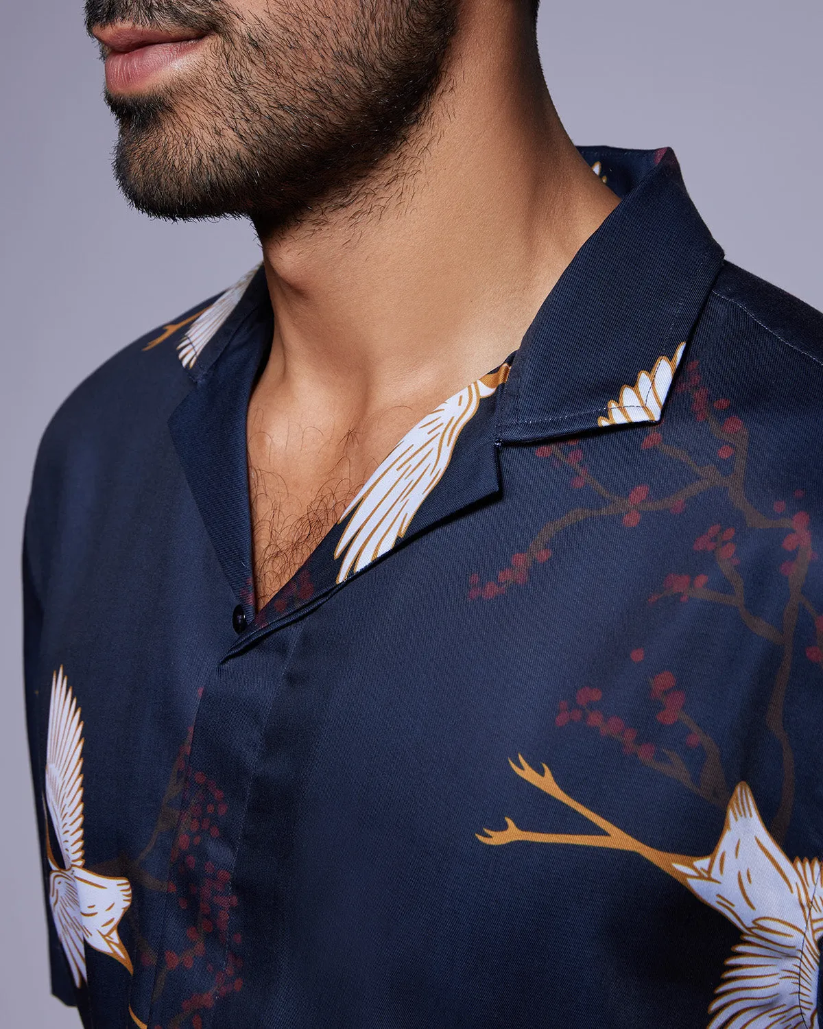 Black Half-Sleeve Bird Printed Shirt