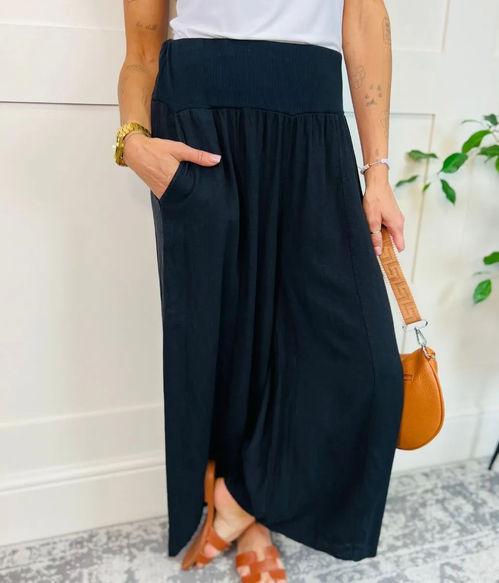 Black Linen Blend Wide Leg Trousers