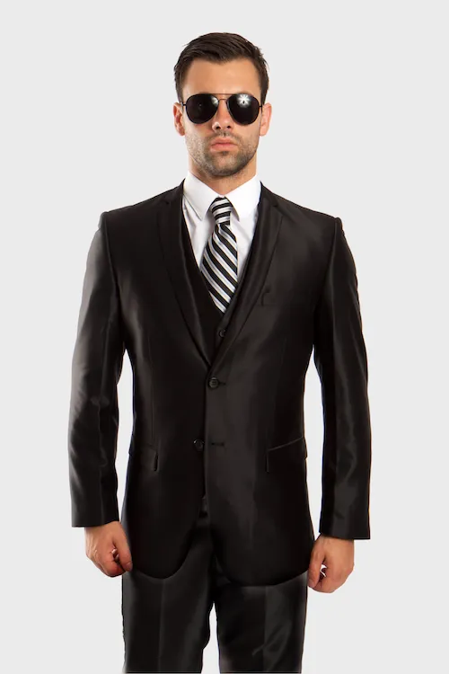 Black Shiny Vested Suit