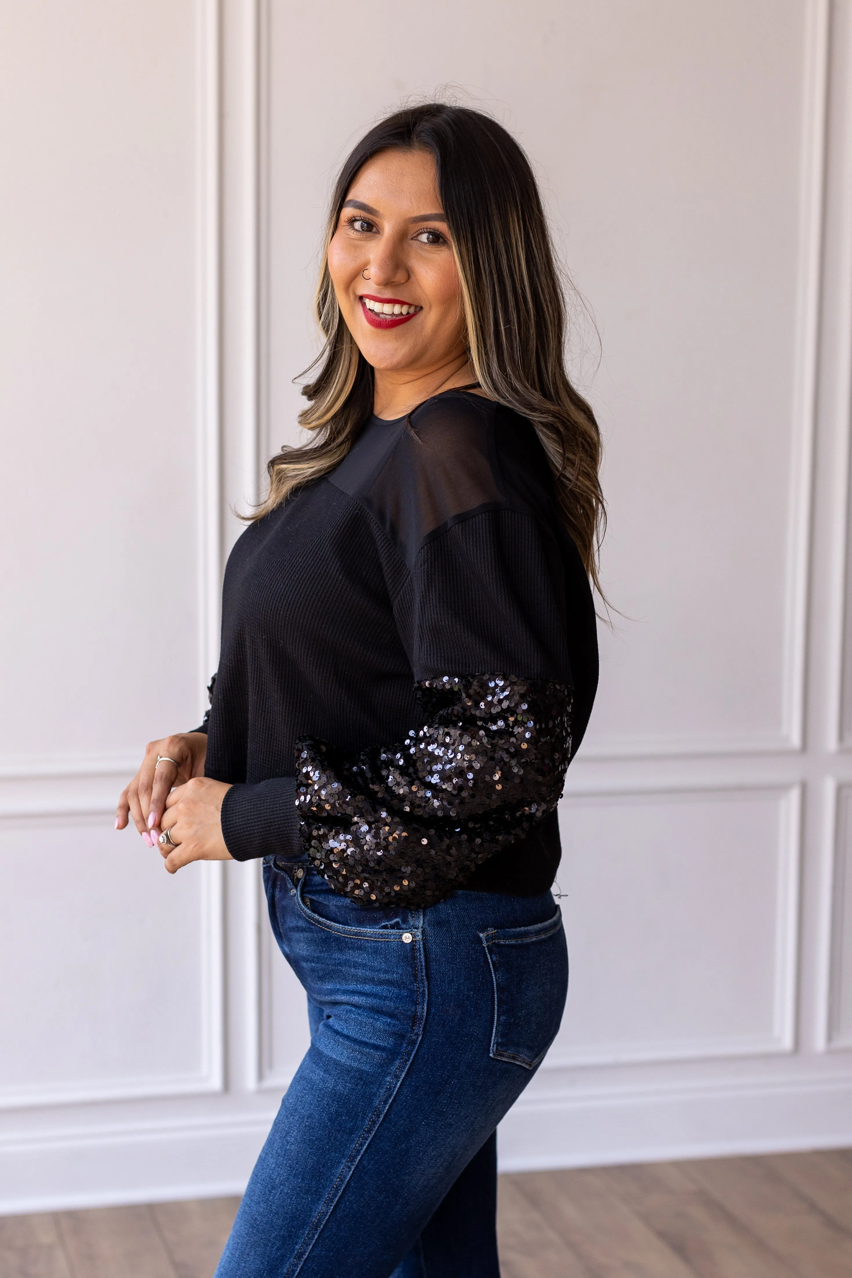 Black Waffle Knit Top with Mesh and Sequin Details