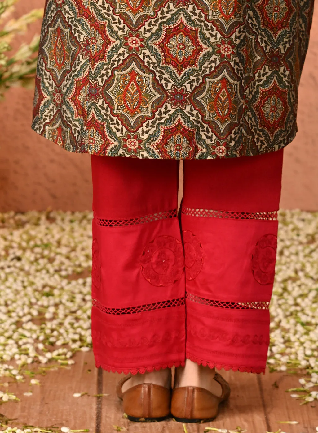 Blood Red Elastic Palazzo with Lace and Embroidery Detail