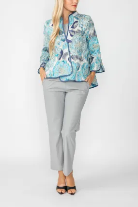 Blue Jacquard Collarless 3/4 Sleeves One Button Jacket