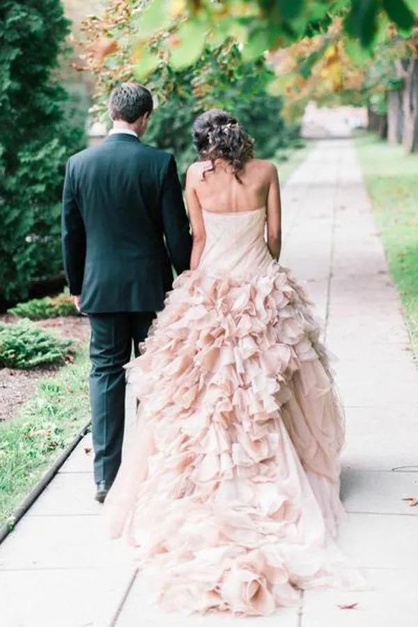 Blush Pink Organza Ruffle Strapless Ball Gown Wedding Dresses, SW209