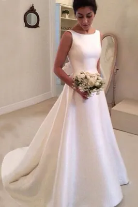 Boat Sleeveless Wedding Dresses,Sweep Train Deep V Back Cheap Wedding Gown,SW80