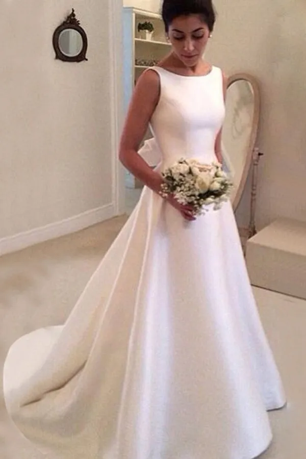 Boat Sleeveless Wedding Dresses,Sweep Train Deep V Back Cheap Wedding Gown,SW80