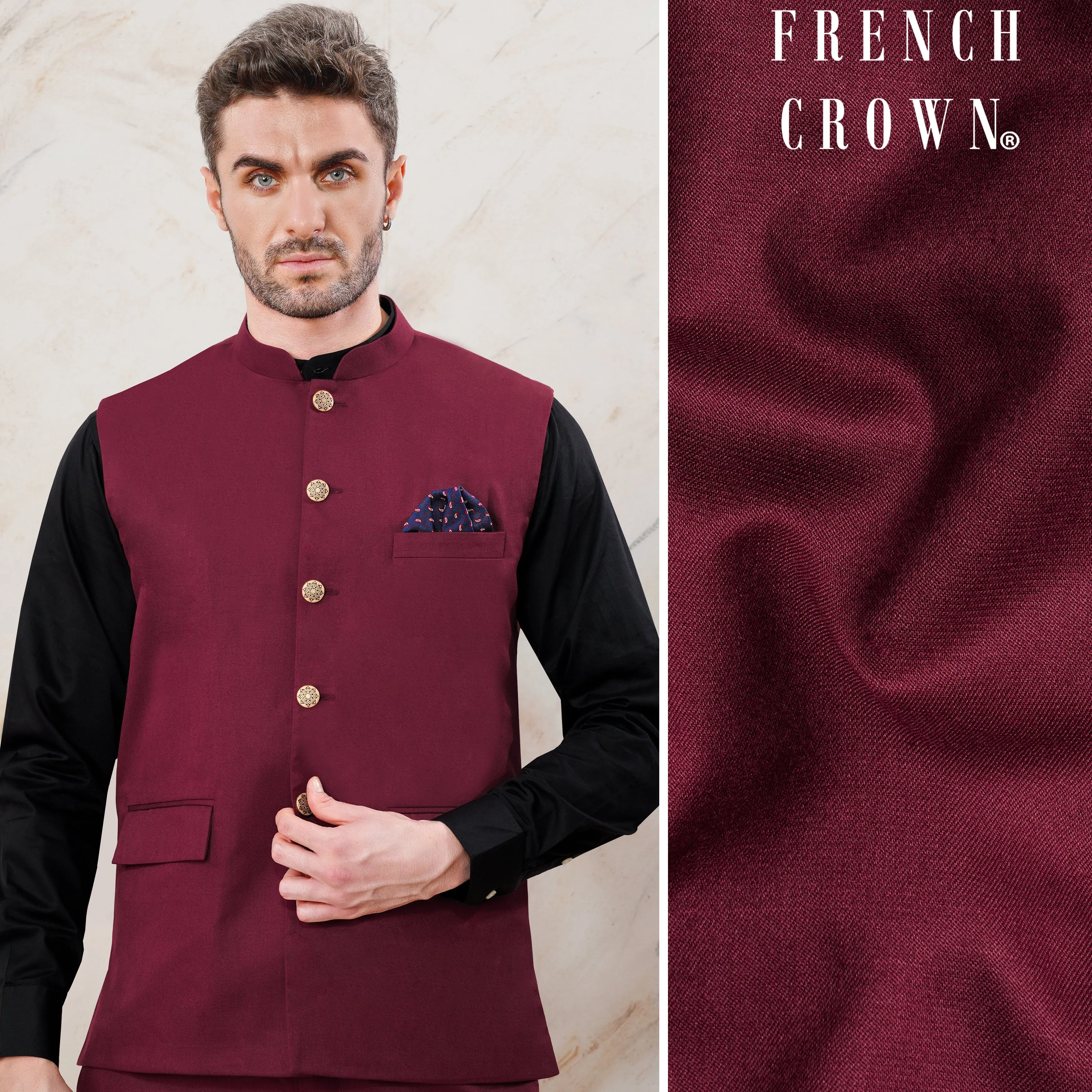 Bordeaux Maroon Wool Rich Nehru Jacket