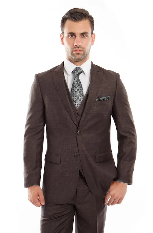 Brown Birdseye Peak Lapel Three Piece Suit