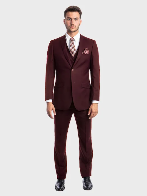 Burgundy 3 Piece Slim Fit Vested Suit