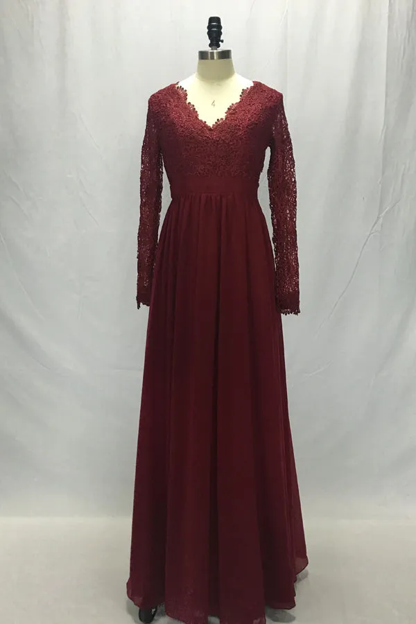 Burgundy Long Sleeves Bridesmaid Dresses, Fashion V neck Long Prom Dress, BD32