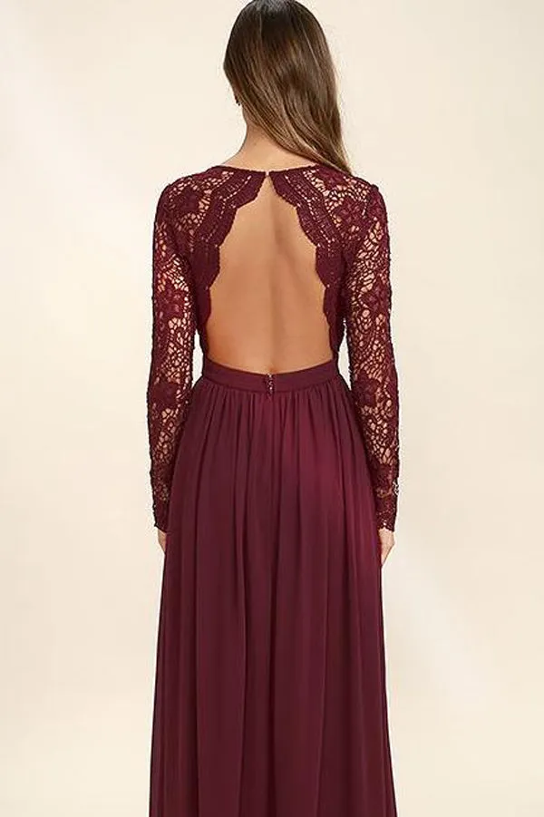 Burgundy Long Sleeves Bridesmaid Dresses, Fashion V neck Long Prom Dress, BD32