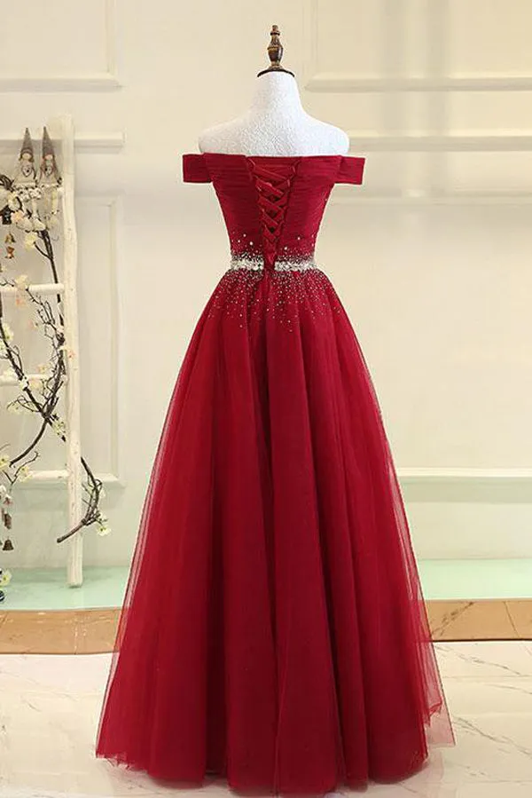 Burgundy Tulle A Line Off-the-shoulder Long Prom Dress with Beading, SP433