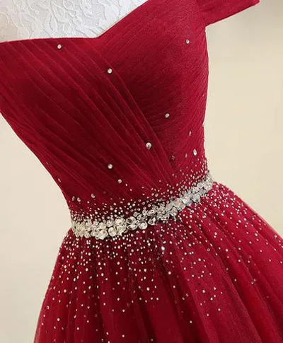 Burgundy Tulle A Line Off-the-shoulder Long Prom Dress with Beading, SP433