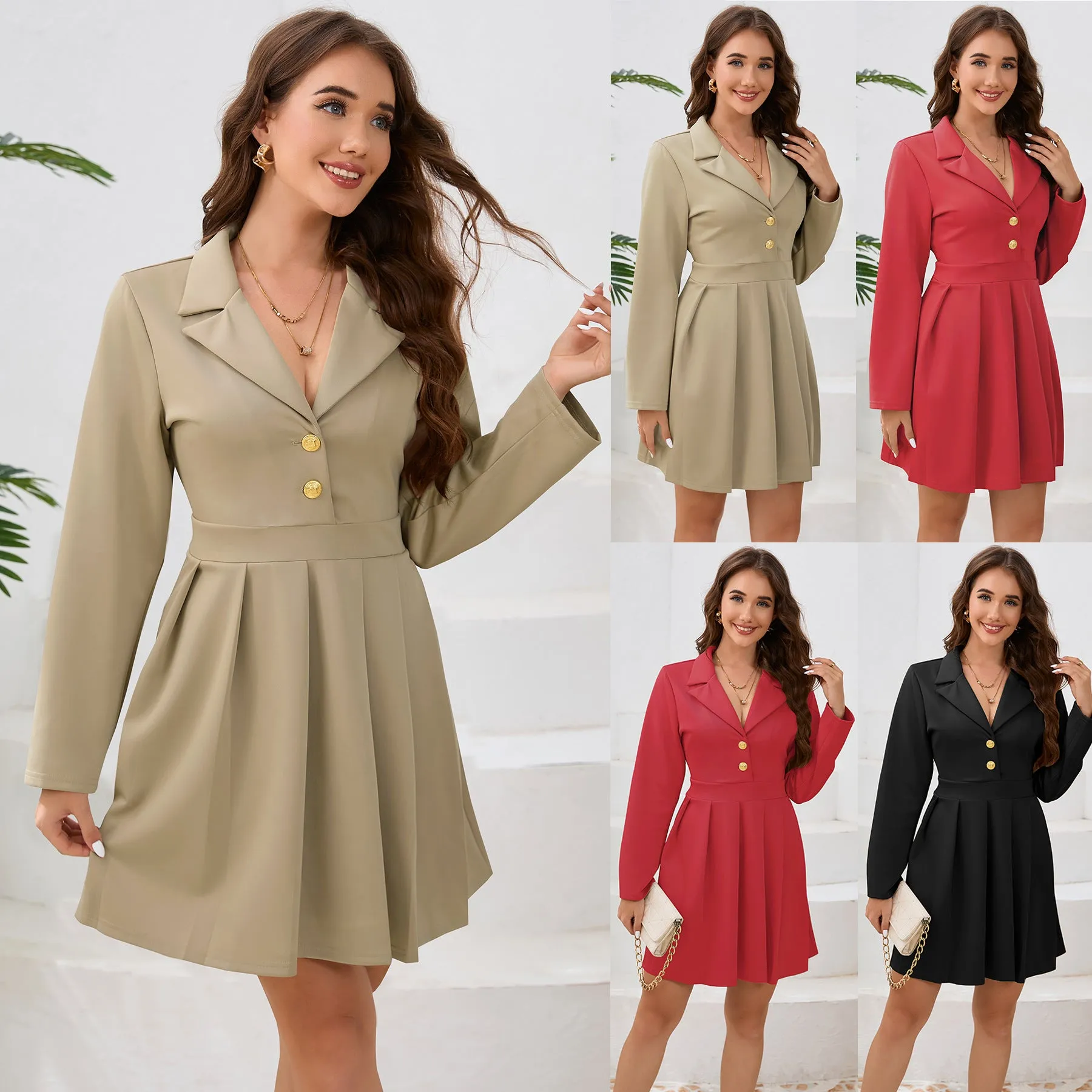 Career Single Breasted Suit Lapel Dress Pleated Mini Dresses Wholesale Womens Clothing N3824082300049