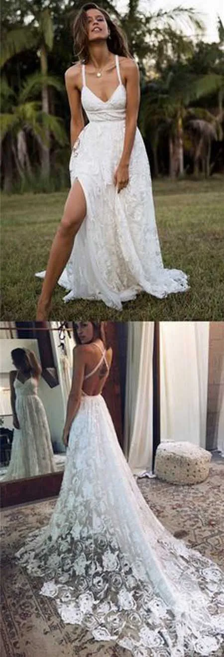 Charming A-line Lace Long Fashion Spaghetti Straps Wedding Dresses, SW145