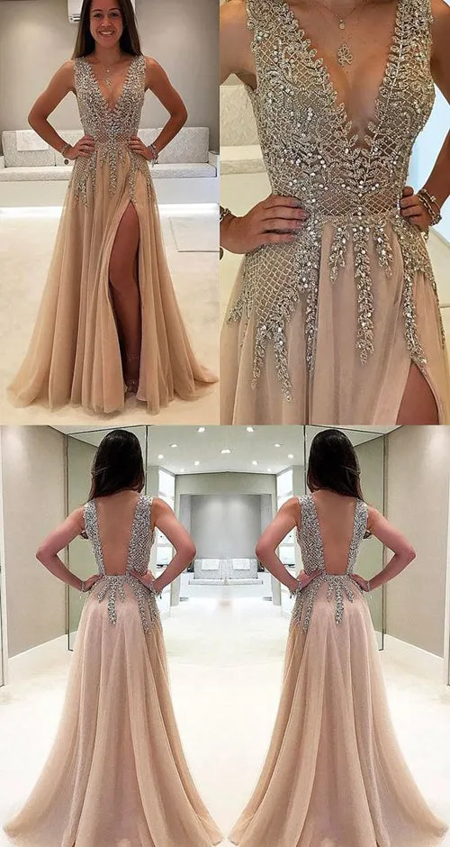 Charming High Quality Tulle A-line V neck Prom Dresses with Side Slit, SP399