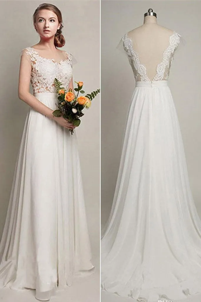 Chiffon Wedding Party Dresses,Simple Lace Long A-Line V-back Wedding Dresses,SVD652