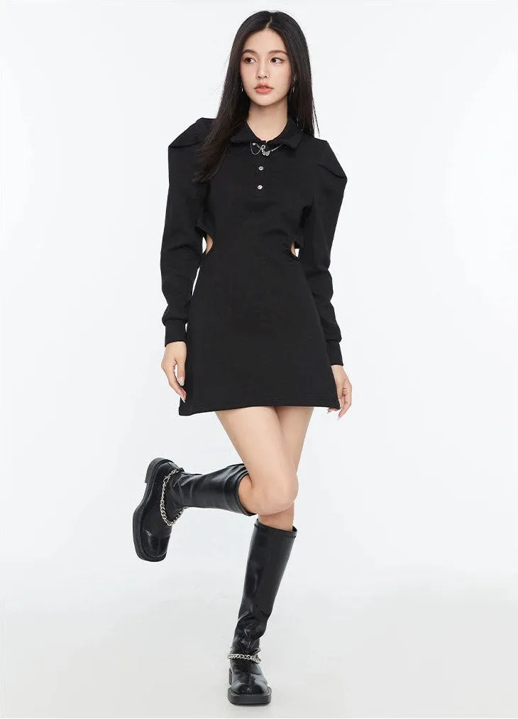 Collared Long Sleeve Side-Cutout Mini Shirt Dress