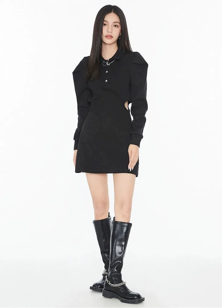 Collared Long Sleeve Side-Cutout Mini Shirt Dress