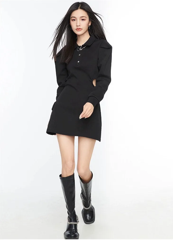 Collared Long Sleeve Side-Cutout Mini Shirt Dress