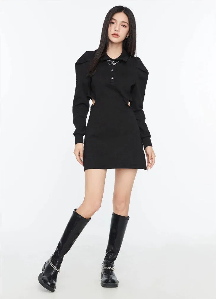 Collared Long Sleeve Side-Cutout Mini Shirt Dress