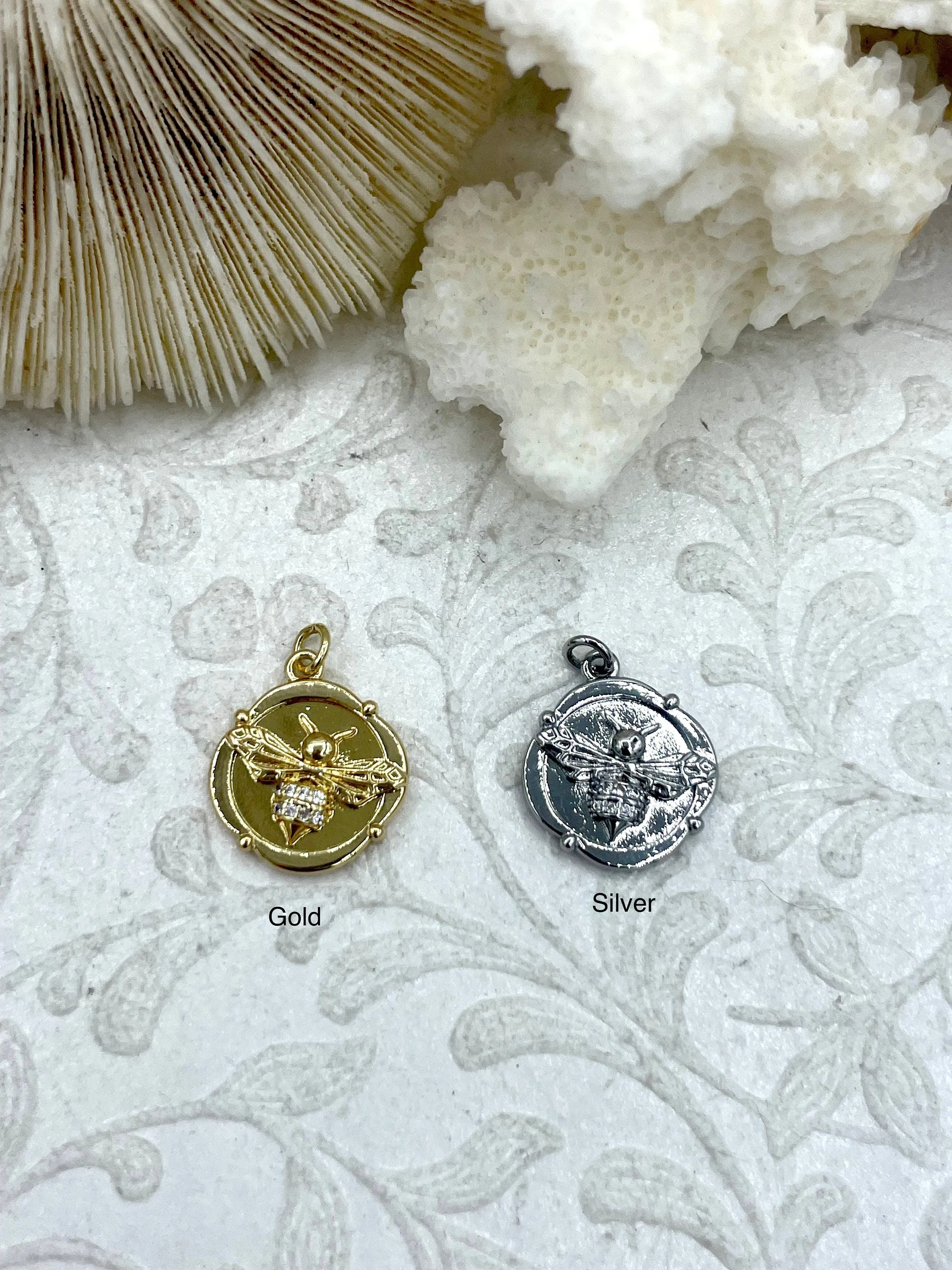 CZ Micro PAVE Gold or Silver Bee Charms, Round Bee Charm, Gold or Silver Plated Brass, Bumblebee Charms, Cubic Zirconia, Fast Ship