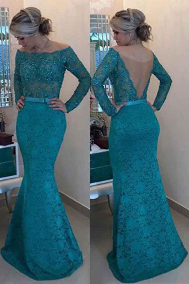 Decent Floor-Length Lace Off Shoulder Long Sleeves Turquoise Prom Dress with Pearls,SVD438