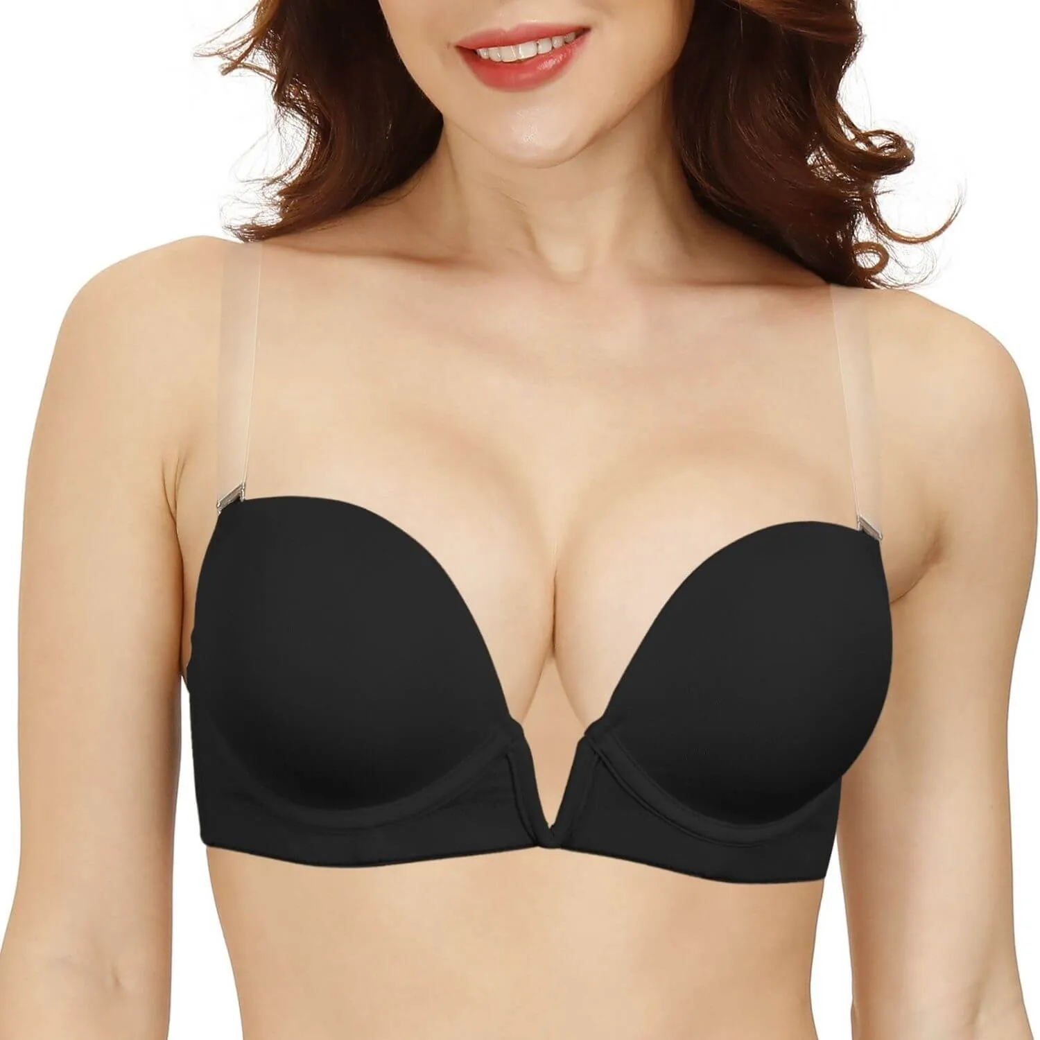 Deep V Plunge Push Up Padded Underwire Low Cut Bra with Clear Straps